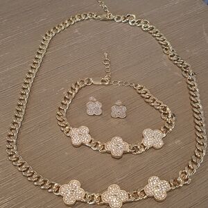 Gold Clover Crystal Necklace, Bracelet & Earring Set - Women Jewelry